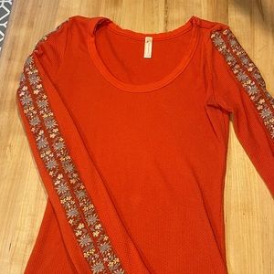 Free People Embroidered Long Sleeve Waffle Shirt